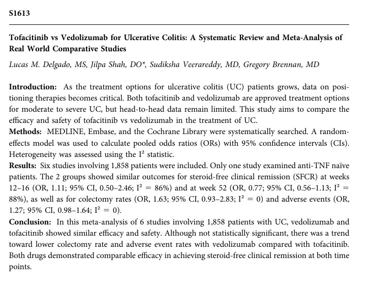 Published abstract: Tofacitinib vs vedolizumab for ulcerative colitis: a systematic review and meta-analysis of real-world comparative studies