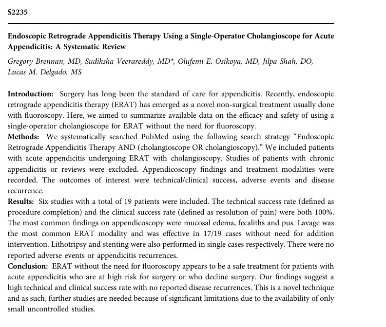 Published abstract: Endoscopic retrograde appendicitis therapy using a single-operator cholangioscope for acute appendicitis: a systematic review