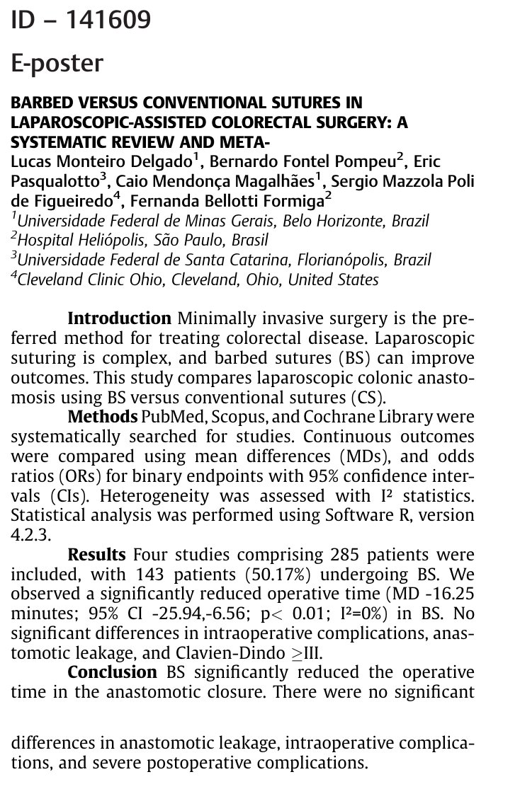 Published abstract: Barbed versus conventional sutures in laparoscopic-assisted colorectal surgery: a systematic review and meta-analysis