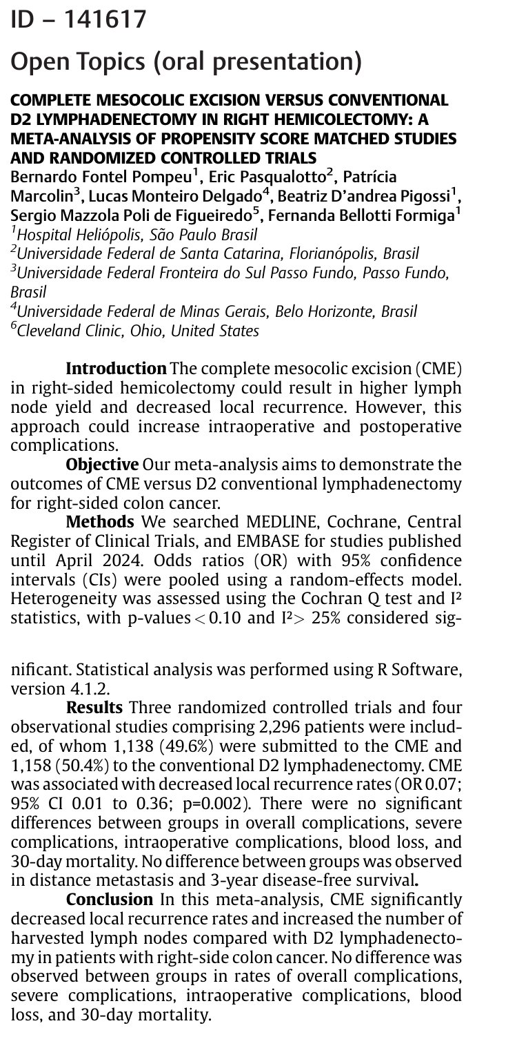 Published abstract: Complete mesocolic excision versus conventional D2 lymphadenectomy in right hemicolectomy: a meta-analysis of propensity score matched studies and randomized controlled trials