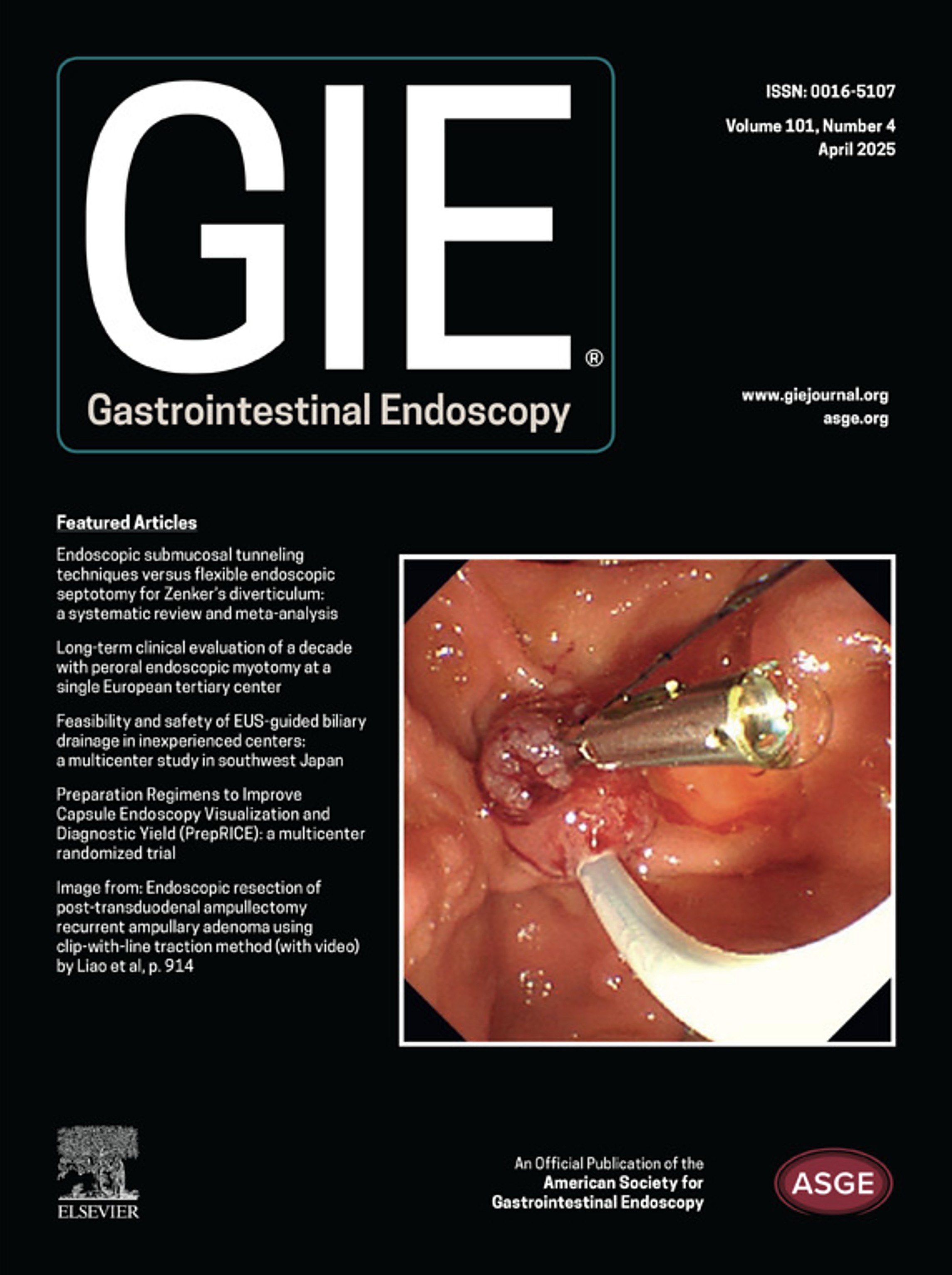 Cover of Gastrointestinal Endoscopy, volume 101, number 4, April 2025, listing the Zenker's diverticulum meta-analysis first among featured articles