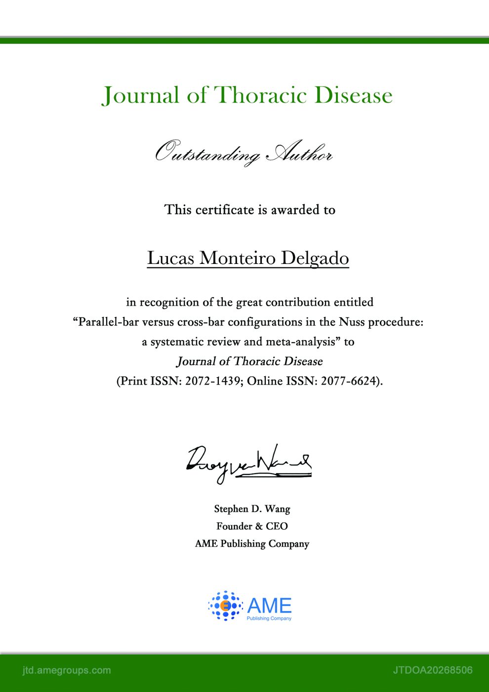 Journal of Thoracic Disease Outstanding Author certificate awarded to Lucas Monteiro Delgado
